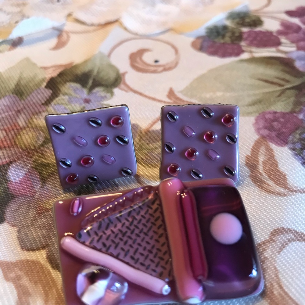 ARTISAN CREATED SCREW-BACK EARRINGS AND BROOCH HANDMADE FUSED GLASS.1980s - Picture 4 of 8